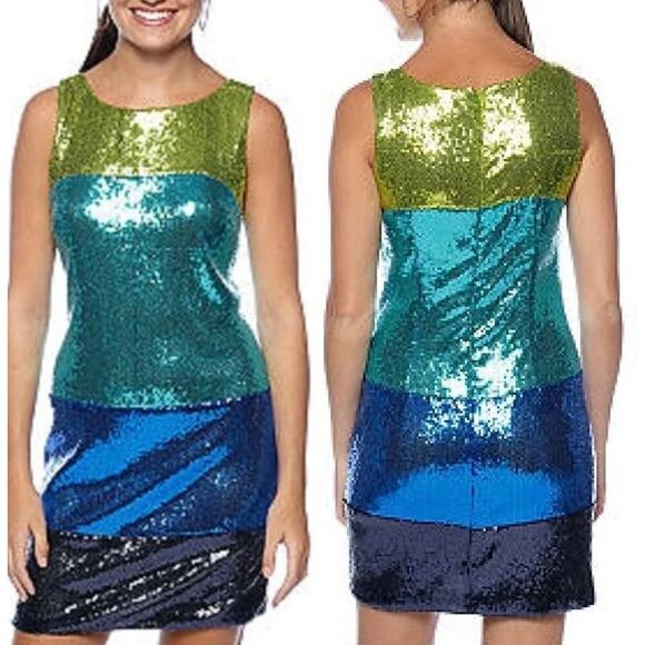 Gabby Skye Blue Green Color Block Sleeveless Sequin Dress, Size 8 - Picture 2 of 11